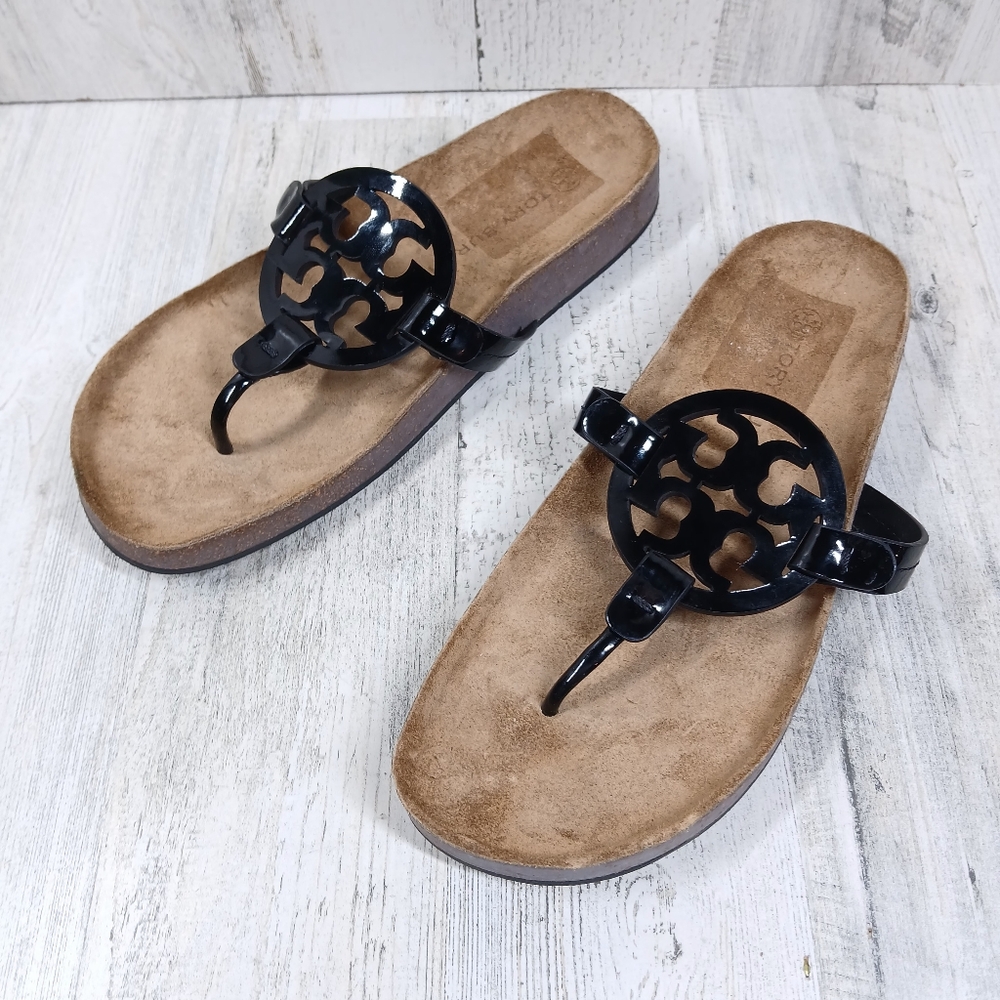 Tory Burch Black Patent Miller Cloud Leather Logo Thong Sandals #319